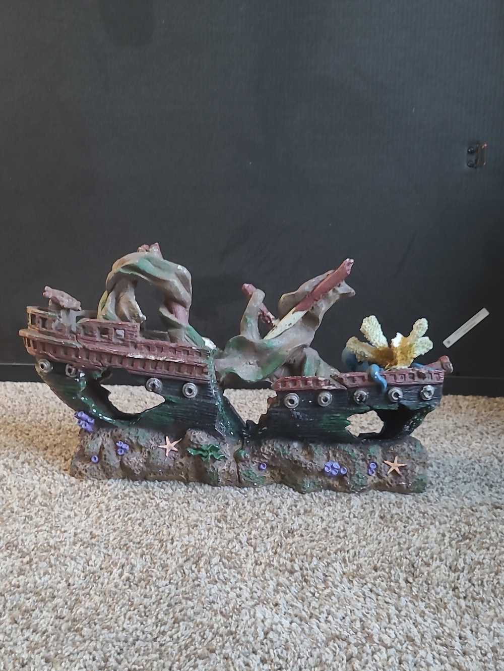 Decorative Sunken Ship Aquarium Ornament in Brown, Green and Purple